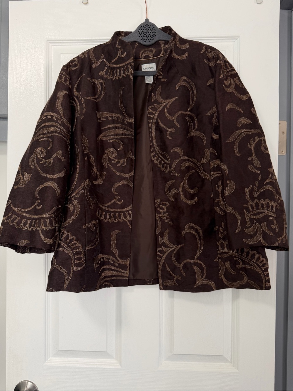 Chico's Brown Gold Metallic Embroidered Open Front Jacket Blazer Size 3 (XL 16)